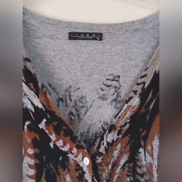 PIERRI Long Cardigan Sweater Tunic 1X Feather Print Western Neutral Colors - Picture 3 of 9